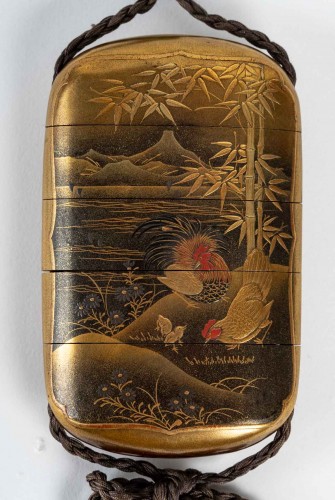 Asian Works of Art  - Japanese gold lacquer 4-case inro by Nikkosai 19th century