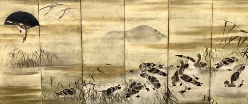 Japanese 6-panel screen of geese and egrets - Asian Works of Art Style 