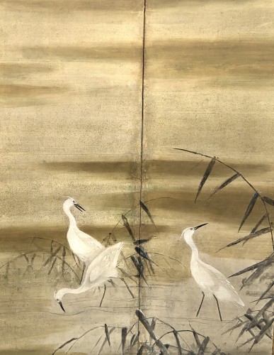 Asian Works of Art  - Japanese 6-panel screen of geese and egrets