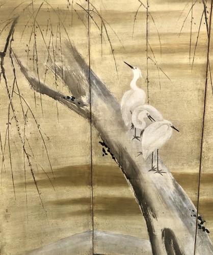 XVIIIe siècle - Paire de paravents japonais à 6 panneaux oies et aigrettes