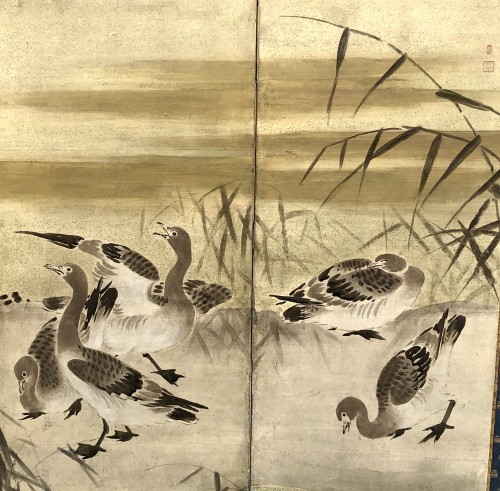 Japanese 6-panel screen of geese and egrets - 