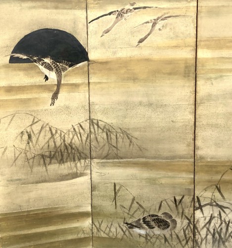 Antiquités - Paire de paravents japonais à 6 panneaux oies et aigrettes