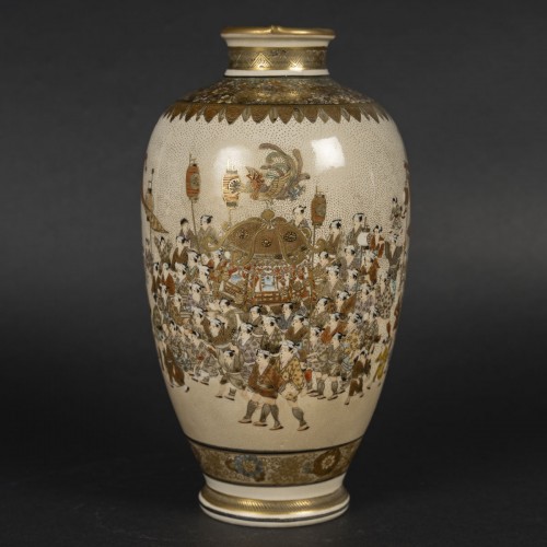 Asian Works of Art  - Japanese Satsuma earthware vase of a great procession