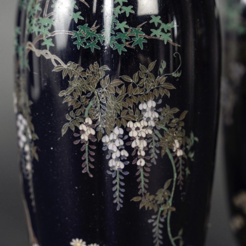 Asian Works of Art  - Pair of small Japanese gadrooned vases in cloisonné enamels