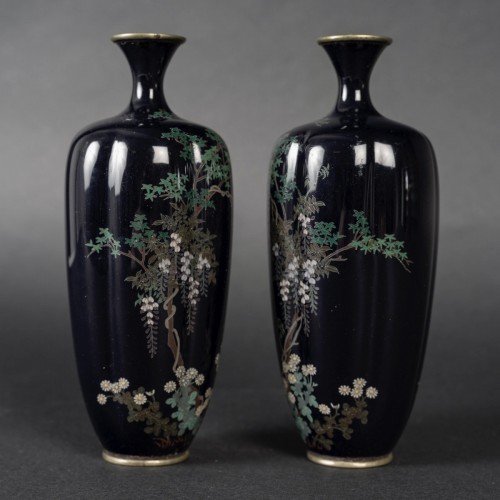 Pair of small Japanese gadrooned vases in cloisonné enamels - 