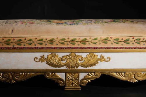 Seating  - Unusual Upholstered Bench With Relief Decoration, late 19th century