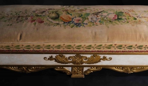 Antiquités - Unusual Upholstered Bench With Relief Decoration, late 19th century