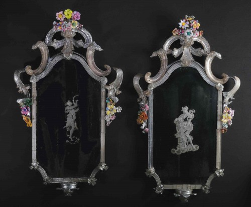 Pair of Murano mirrors with flowers circa 1730  - Mirrors, Trumeau Style French Regence