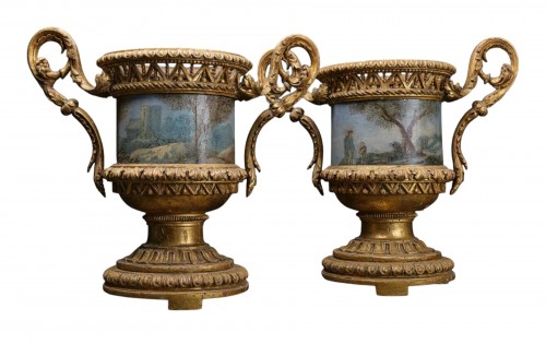 Pair of Carved And Wood Gilded  Vases With Painted Sheet Metal, Rome 1780