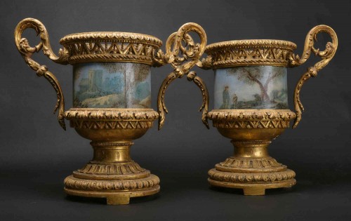 Pair of Carved And Wood Gilded  Vases With Painted Sheet Metal, Rome 1780 - Decorative Objects Style Louis XVI