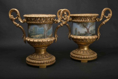 Decorative Objects  - Pair of Carved And Wood Gilded  Vases With Painted Sheet Metal, Rome 1780