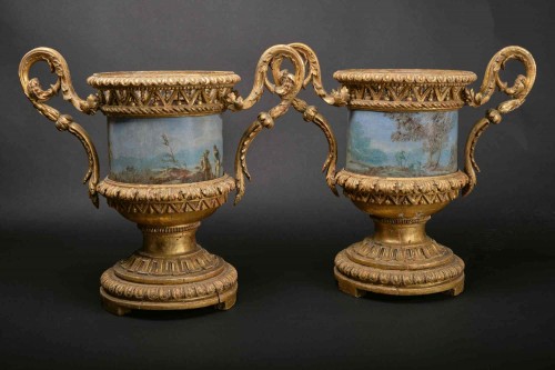 Pair of Carved And Wood Gilded  Vases With Painted Sheet Metal, Rome 1780 - 