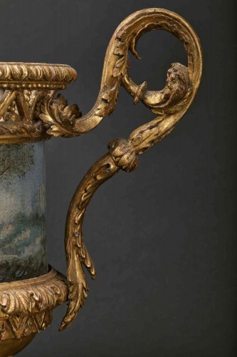 Antiquités - Pair of Carved And Wood Gilded  Vases With Painted Sheet Metal, Rome 1780