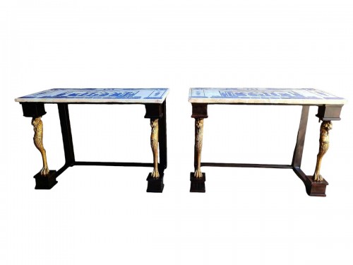 Pair Of Neoclassic Consoles Tables With Scagiole Top, Italy, 19 20th century