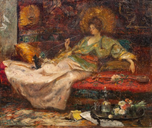 Paul de Frick (1864 - 1935) - Une Dame jouant avec un Chat - Tableaux et dessins Style Art nouveau