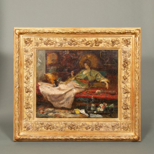 Tableaux et dessins Tableaux XIXe siècle - Paul de Frick (1864 - 1935) - Une Dame jouant avec un Chat