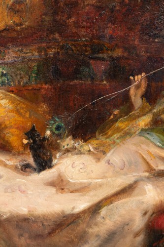 Antiquités - Paul de Frick (1864 - 1935) - Une Dame jouant avec un Chat