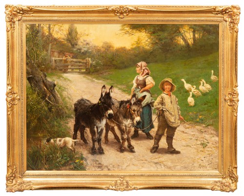 Edgar Bundy (1862 – 1922) - Peasant Children Walking the Donkeys