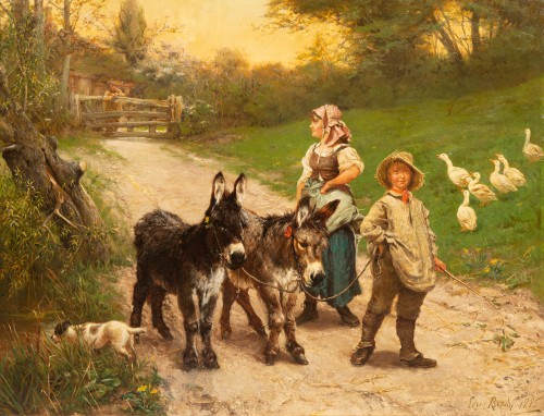 Edgar Bundy (1862 – 1922) - Peasant Children Walking the Donkeys - Paintings & Drawings Style 