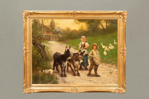 Paintings & Drawings  - Edgar Bundy (1862 – 1922) - Peasant Children Walking the Donkeys