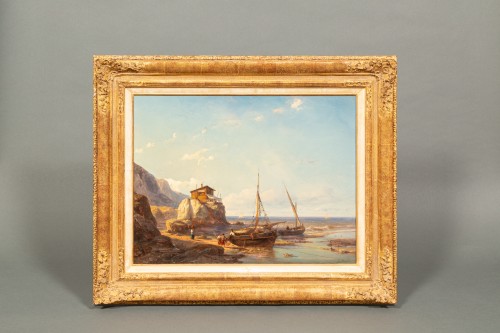 XIXe siècle - Johan Hendrik Meijer (1809 – 1866) - Anse des pêcheurs avec deux bateaux