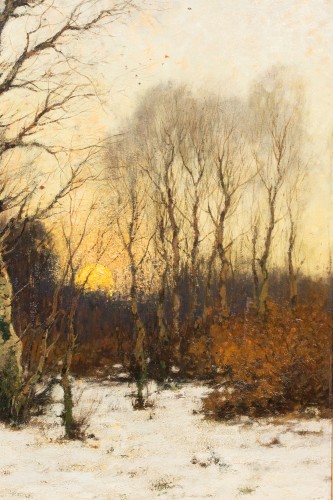Cornelis Kuijpers ( 1864 – 1932 ) - Coucher de soleil dans une forêt d'hiver - 