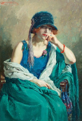 Henri Joseph Thomas (1878 – 1972) - Dame au Chapeau Bleu - Tableaux et dessins Style Art nouveau