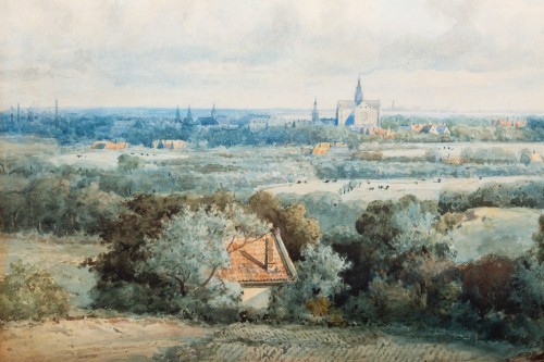 XIXe siècle - Johannes Joseph Destrée (1827 – 1888) - Vue de Haarlem avec la cathédrale Saint-Bavo