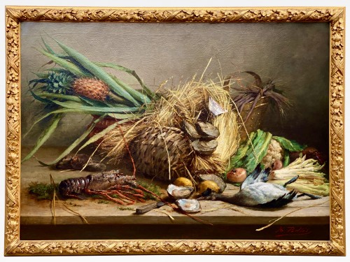 Hubert Bellis (1831 – 1902) -  Nature morte avec homard, huîtres et canard