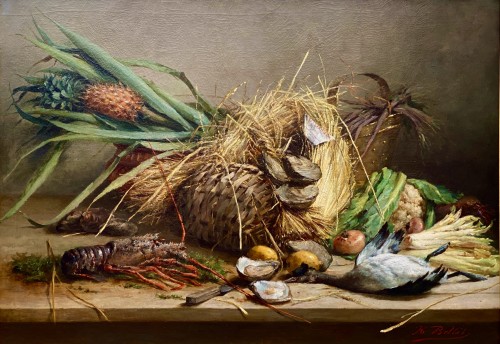 Hubert Bellis (1831 – 1902) -  Nature morte avec homard, huîtres et canard - Tableaux et dessins Style 