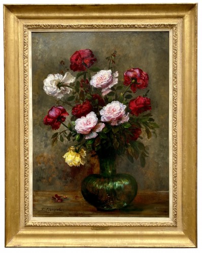 F. Clairval (actif vers 1900) - Roses colorées dans un vase en verre