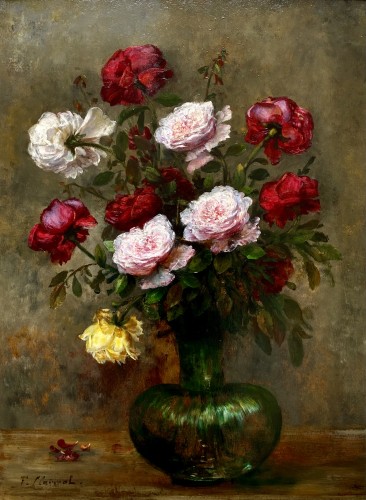 F. Clairval (actif vers 1900) - Roses colorées dans un vase en verre - Tableaux et dessins Style Art nouveau