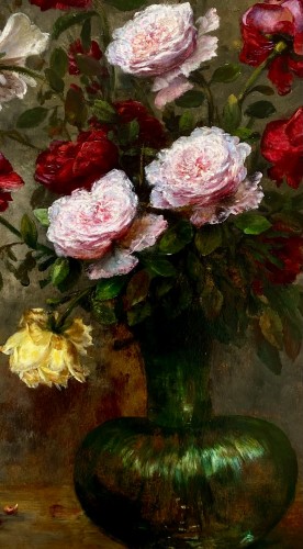 Paintings & Drawings  - F. Clairval (active around 1900) - Various colourful roses in a glass vase