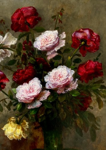 F. Clairval (active around 1900) - Various colourful roses in a glass vase - 