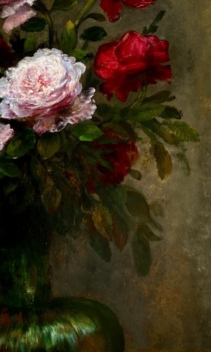 F. Clairval (actif vers 1900) - Roses colorées dans un vase en verre - Art nouveau