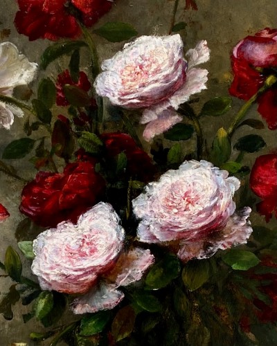 Antiquités - F. Clairval (active around 1900) - Various colourful roses in a glass vase