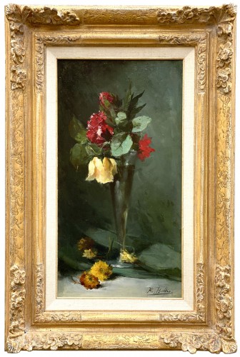 Hubert Bellis (1831 - 1902) - Roses rouges et jaunes dans un vase en verre