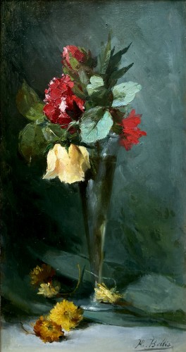 Hubert Bellis (1831  - 1902) - Red And Yellow Roses In A Glass Vase - Paintings & Drawings Style Art nouveau