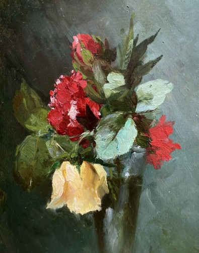 Paintings & Drawings  - Hubert Bellis (1831  - 1902) - Red And Yellow Roses In A Glass Vase