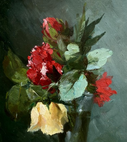 Hubert Bellis (1831  - 1902) - Red And Yellow Roses In A Glass Vase - 