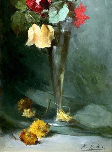 Art nouveau - Hubert Bellis (1831 - 1902) - Roses rouges et jaunes dans un vase en verre