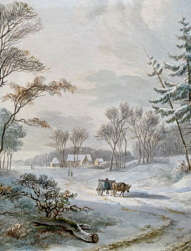 Tableaux et dessins Dessin, Aquarelle & Pastel - Willem de Klerk (1800 – 1876)  - Paysage d'hiver avec une charrette