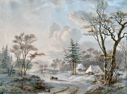 XIXe siècle - Willem de Klerk (1800 – 1876)  - Paysage d'hiver avec une charrette