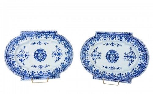 Pair of oblong armorial dishes in Rouen earthenware