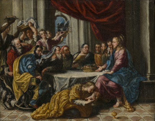 Peinture école Italienne du XVIIIe siècle, Marie-Madeleine lavant les pieds du Christ - Tableaux et dessins Style Louis XV